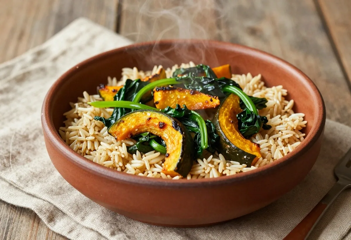 Bowl of whole grains and roasted vegetables