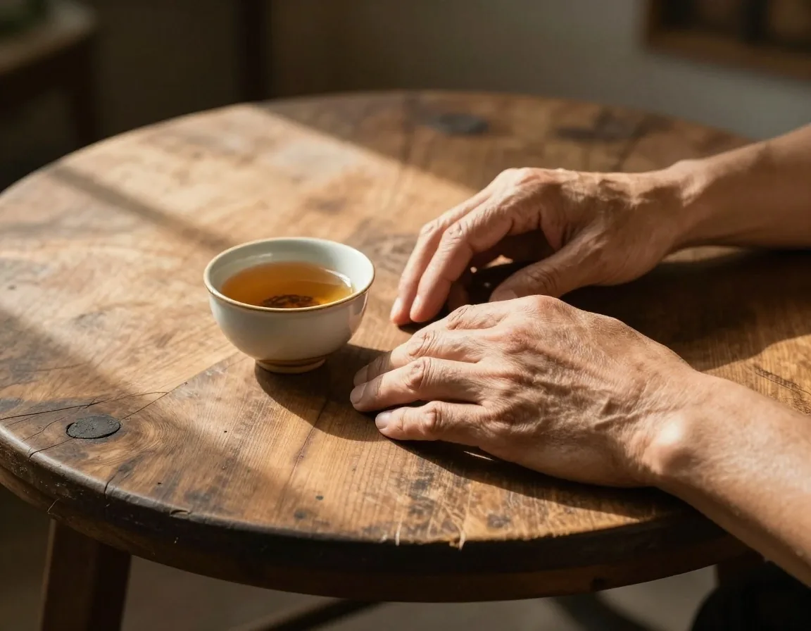 Hands resting on a wooden table in warm light