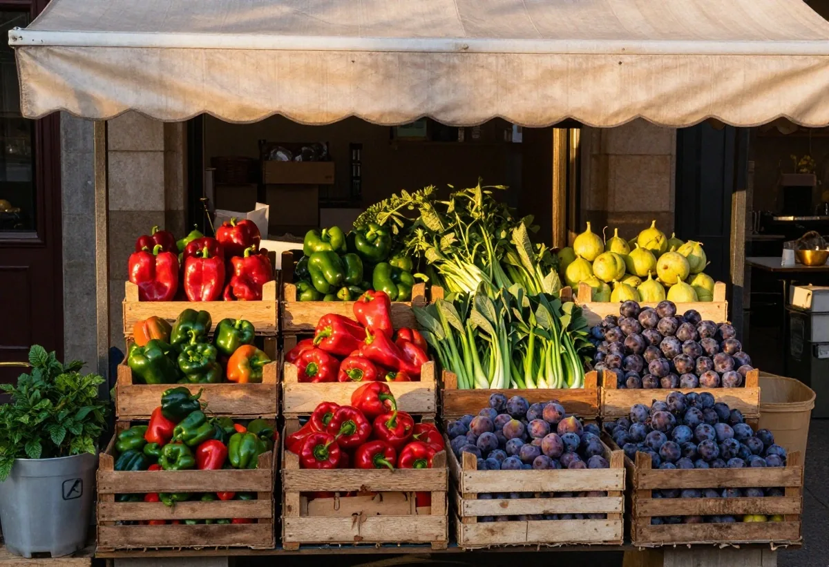 Variety of seasonal produce at a market stall