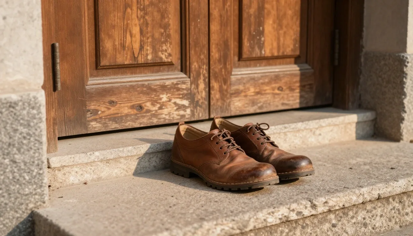 Walking shoes on a stone step in warm afternoon light