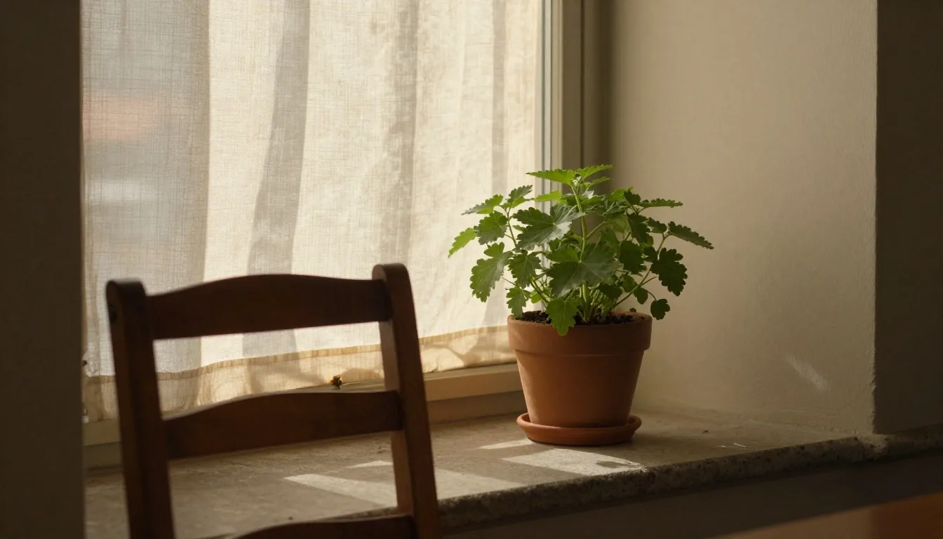A warm-lit office interior with a desk and teacup
