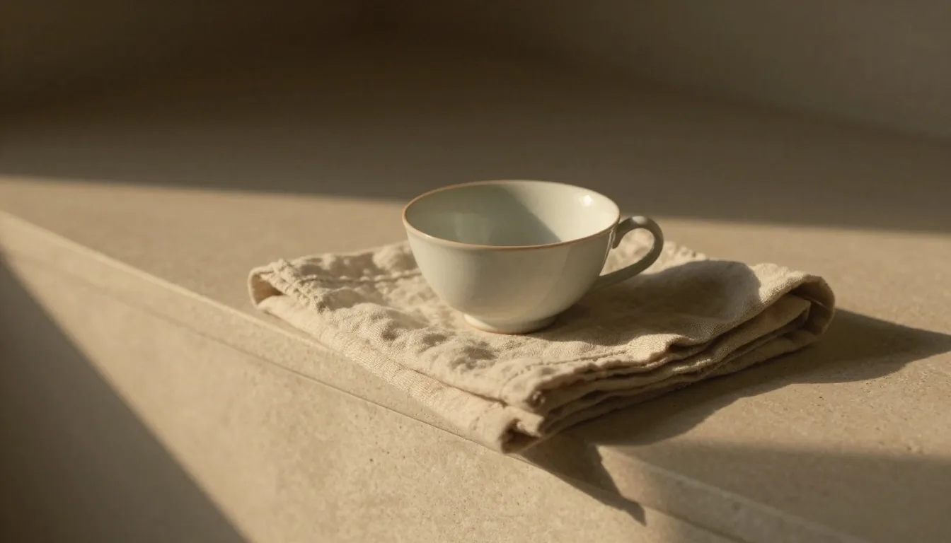 A ceramic teacup on a pale stone windowsill in warm afternoon light