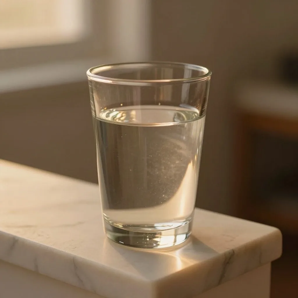 A glass of water catching warm light