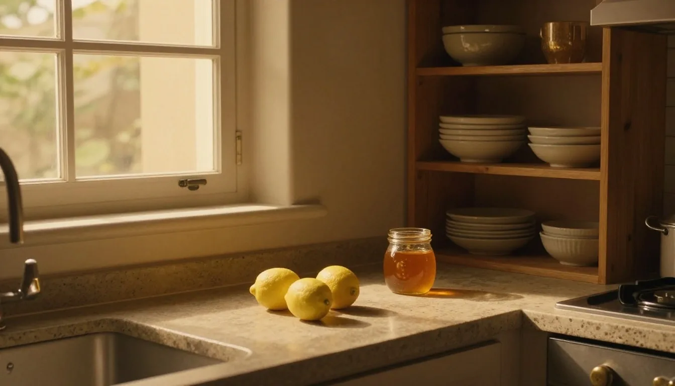 A pale kitchen interior at dusk with warm light from a window