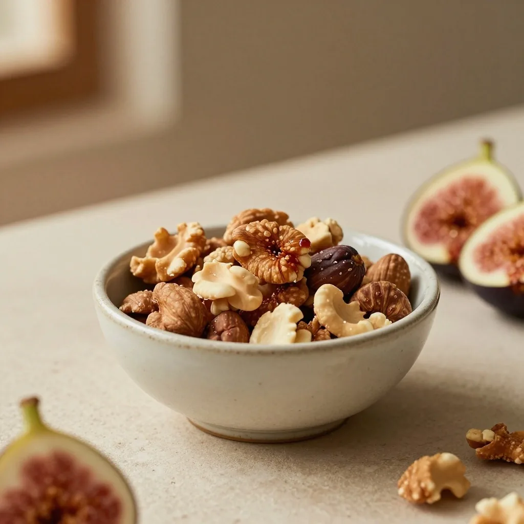 A bowl of mixed nuts and a fig on a stone surface