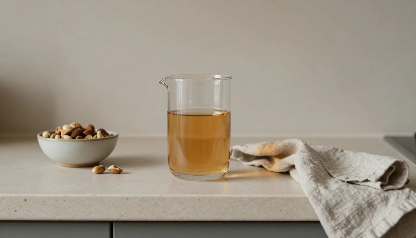 A calm kitchen counter with a water carafe and a small bowl of nuts in warm afternoon light