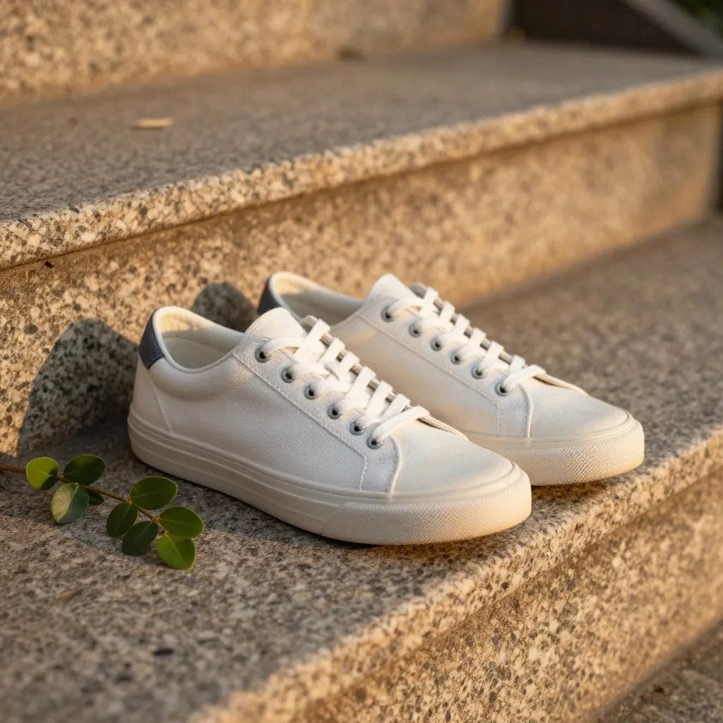 Walking shoes on a stone step in warm light