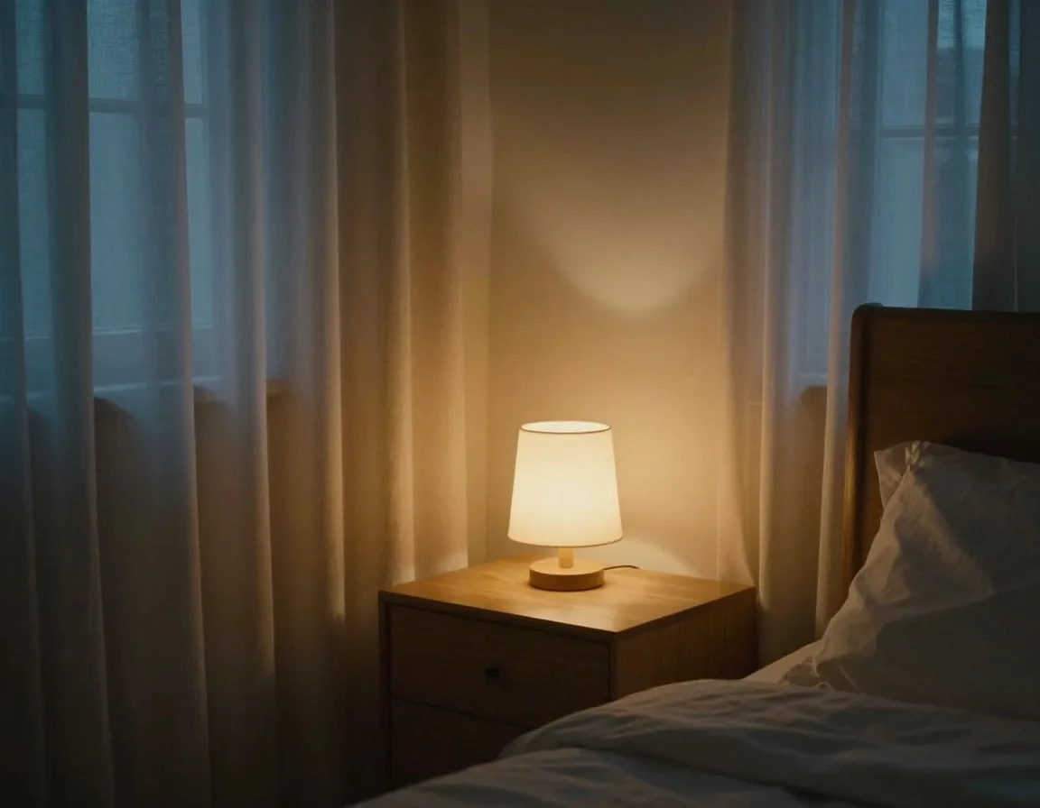 Bedside table with warm reading lamp at dusk
