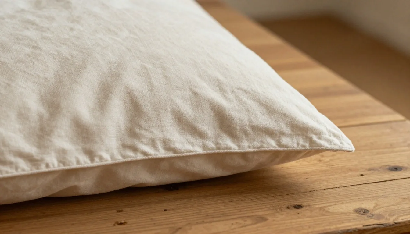 Folded linen pillowcase in warm amber light