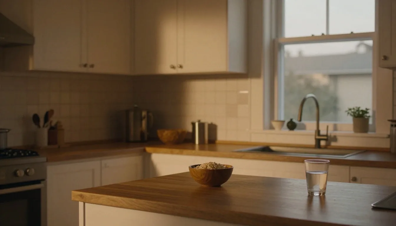 Quiet kitchen interior at dusk with warm amber light