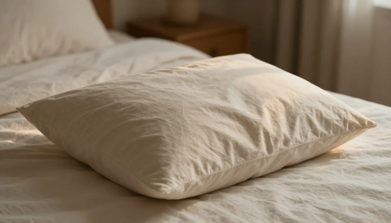 A pale linen pillowcase with a single soft crease in shifting warm light