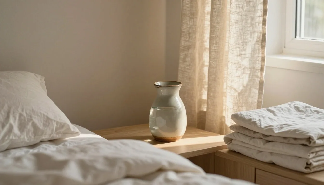 A bowl of oats with walnuts and a glass of water on a pale stone kitchen counter in warm afternoon light