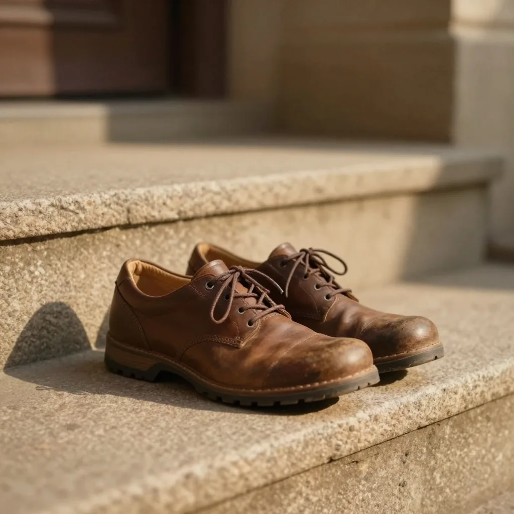 A pair of leather walking shoes on a stone step in warm afternoon light