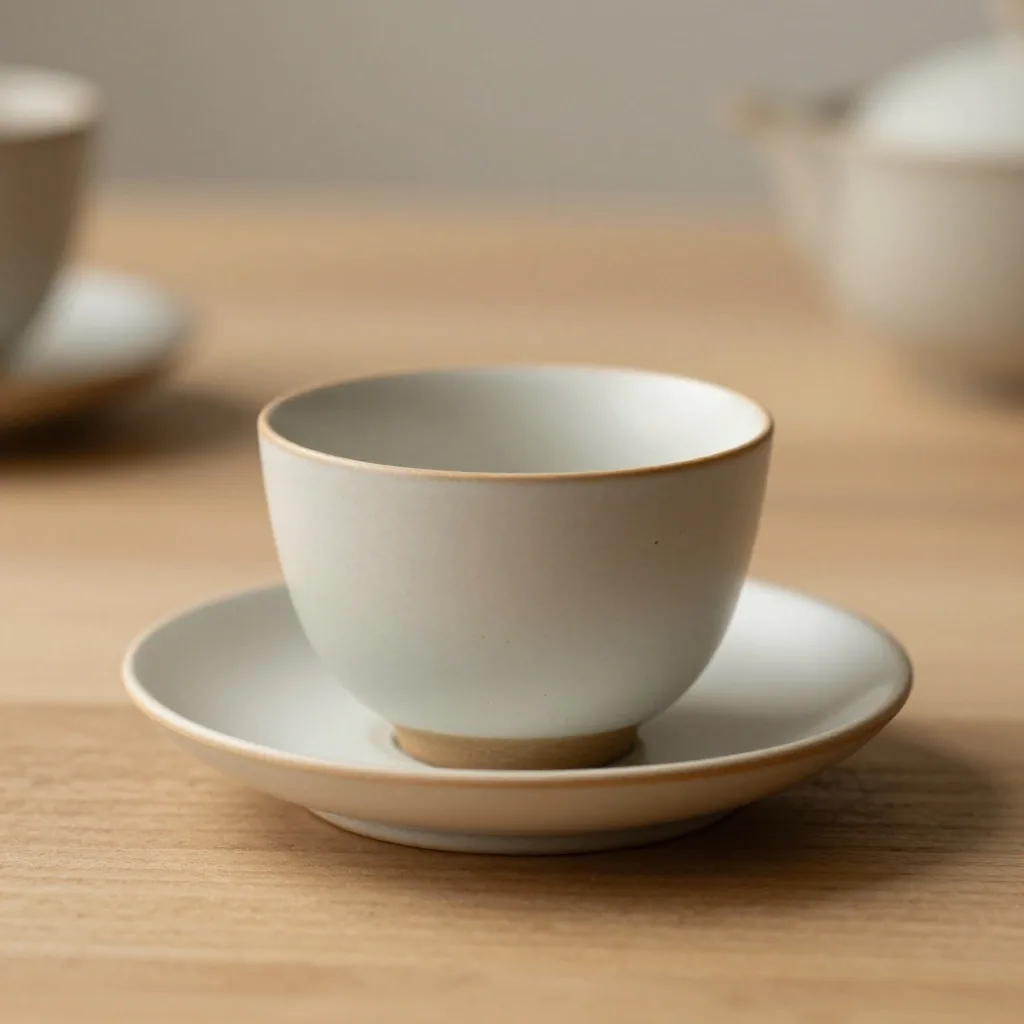 A ceramic teacup on a saucer on a pale wooden surface in warm light