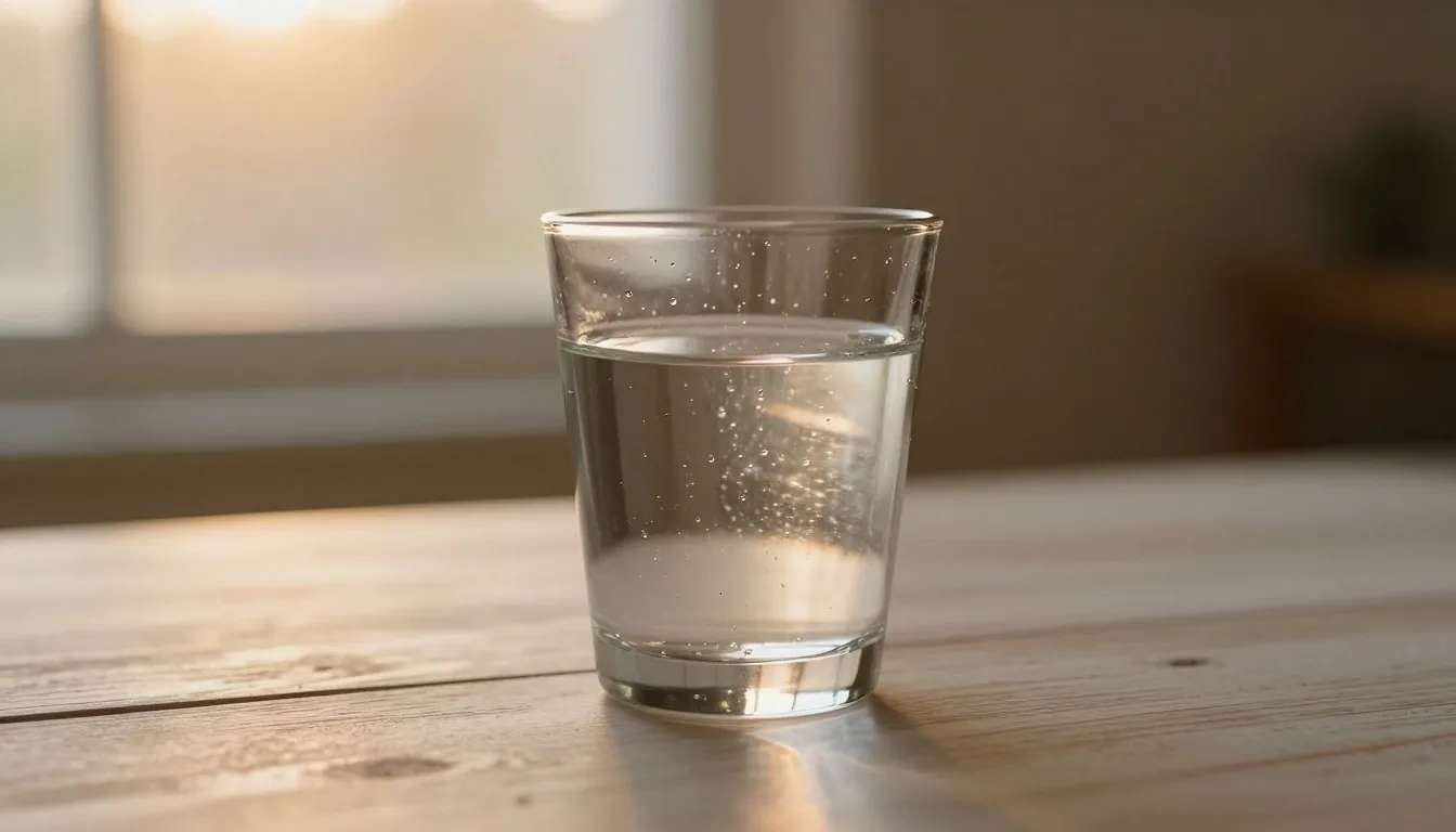 A glass of water on a table near a window