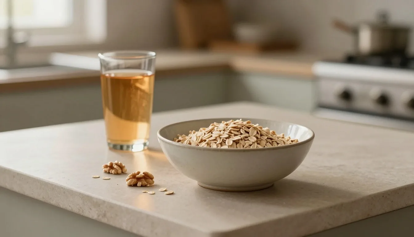 A bowl of oats with walnuts and a glass of water on a pale stone counter