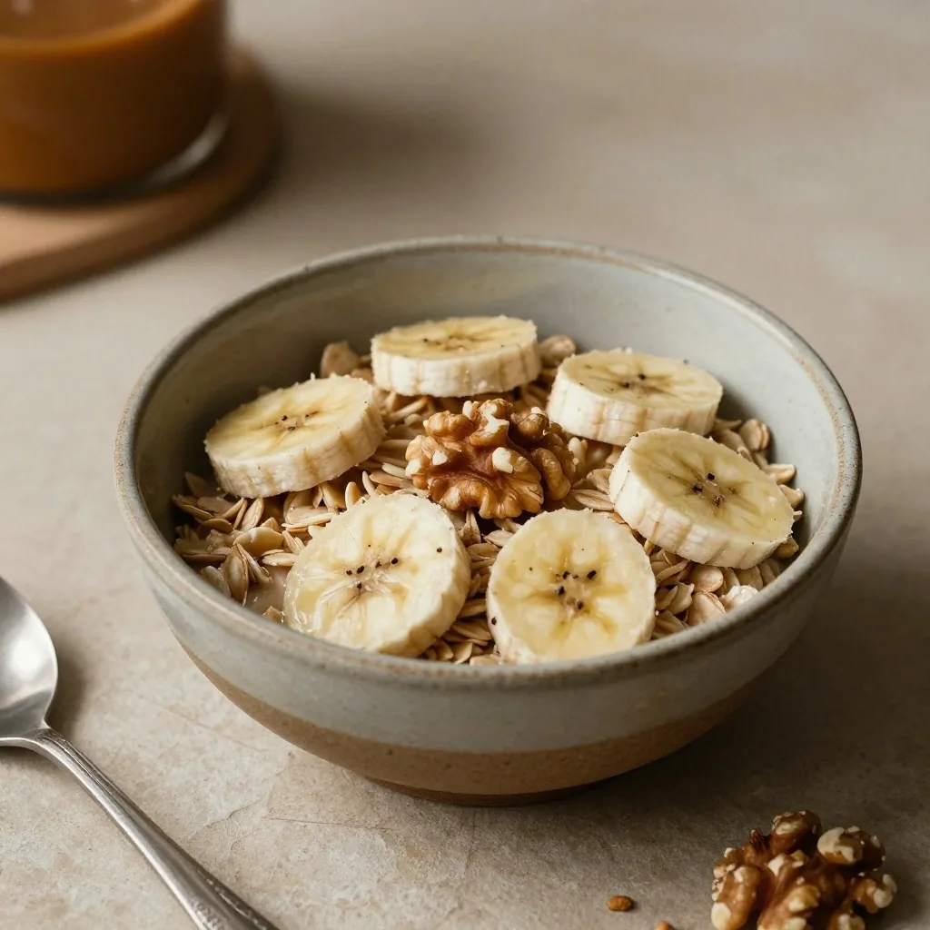 Bowl of oats with banana and walnuts