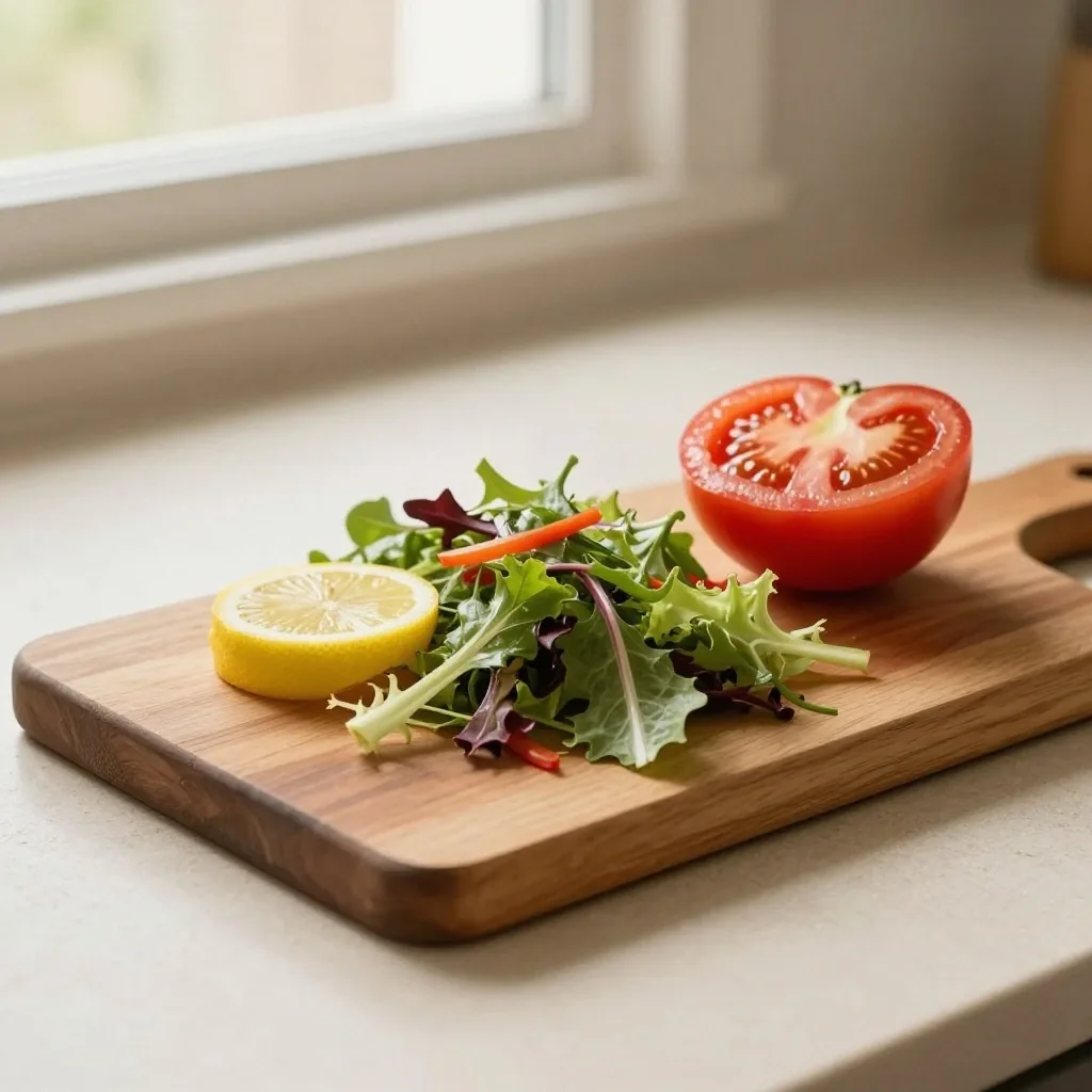 Cutting board with mixed greens and tomato