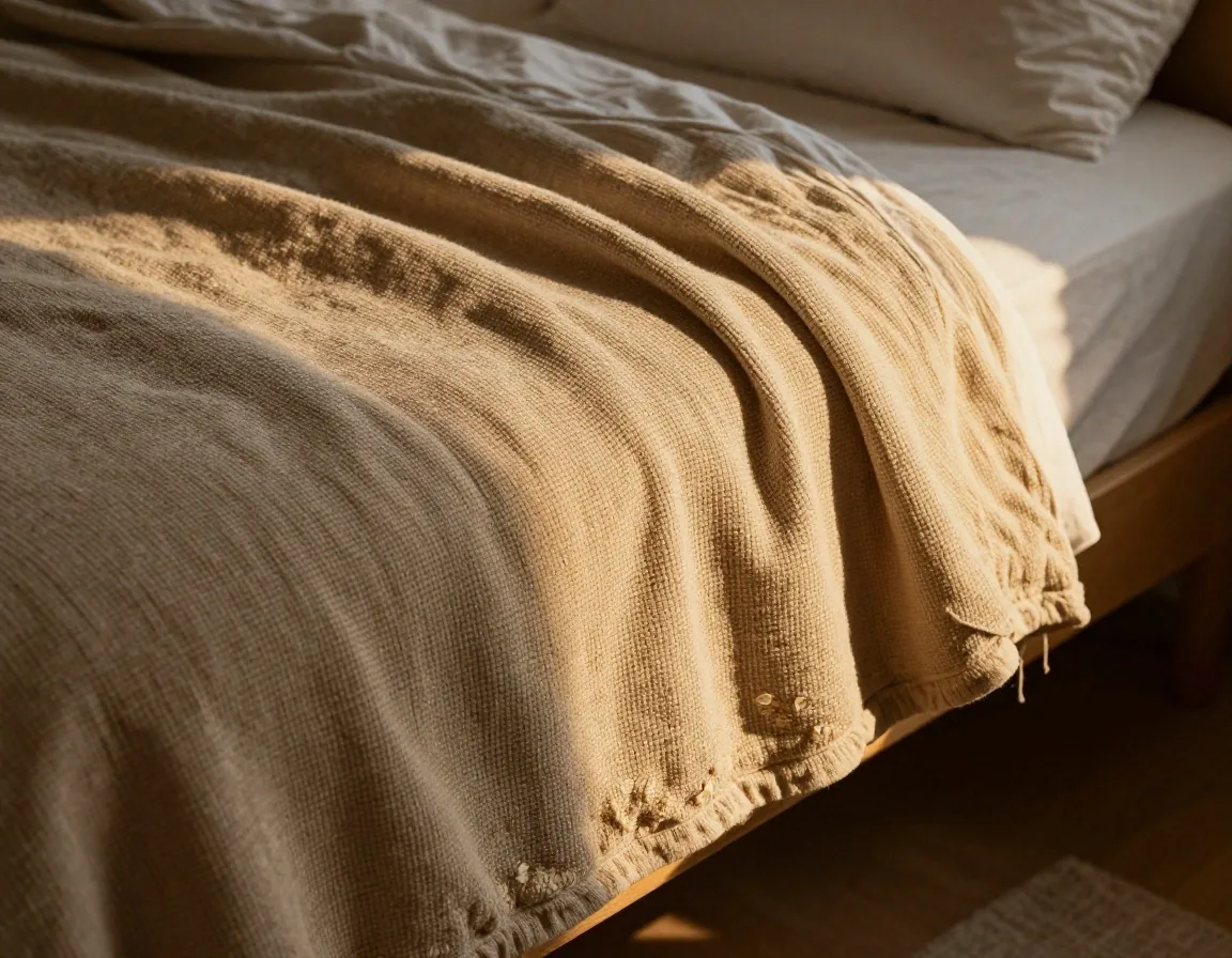 A linen pillowcase photographed in soft warm light